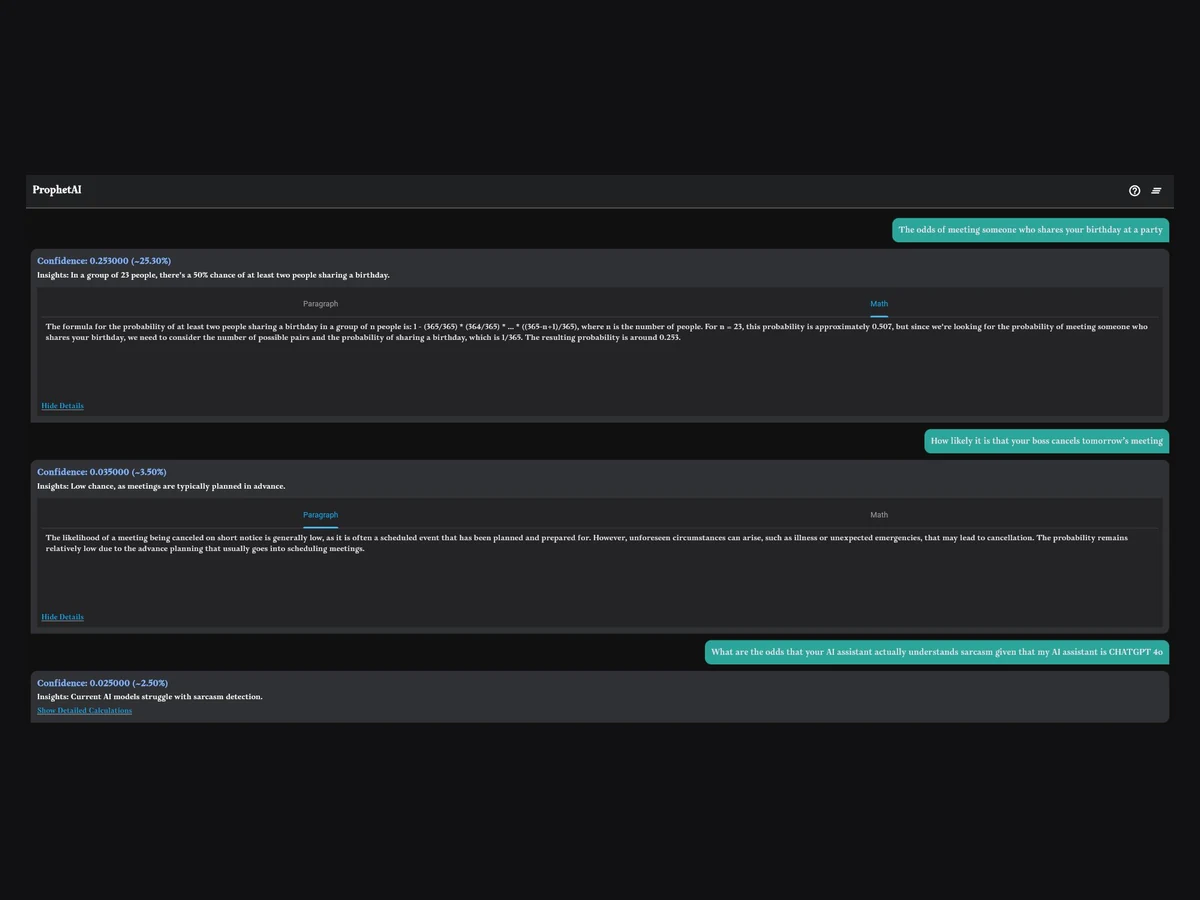 The live interface — a question, a calibrated score, and the reasoning behind it.